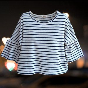 Madewell Womens Size XS Crop Striped Top Blouse 3/4 Sleeves 100% Cotton